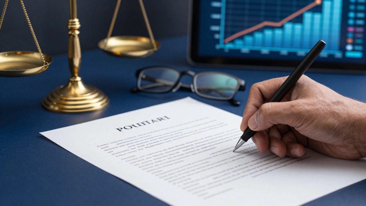 Close-up of a hand signing a corporate legal contract with a growth chart in the background