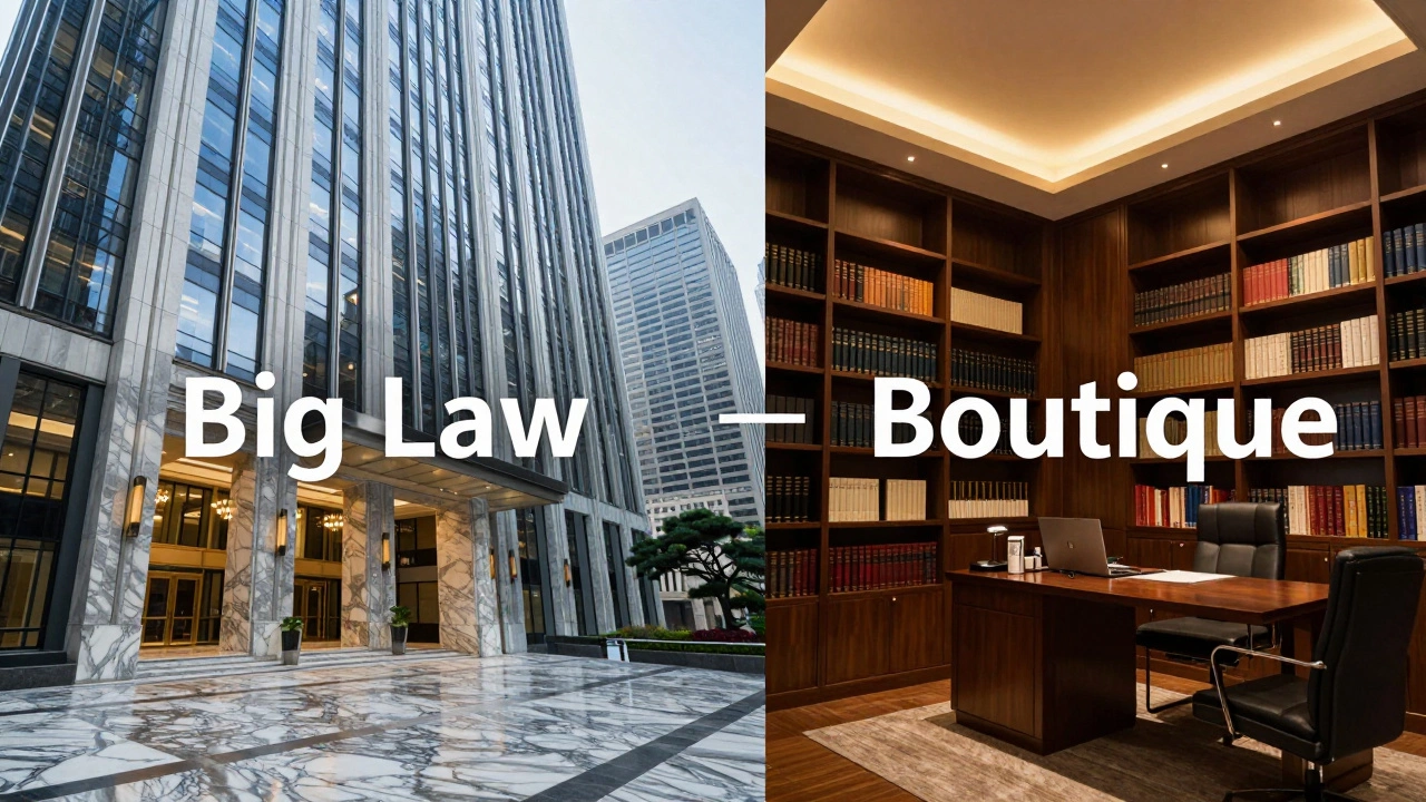 Comparison between a large Tier 1 law firm skyscraper and a cozy boutique legal office