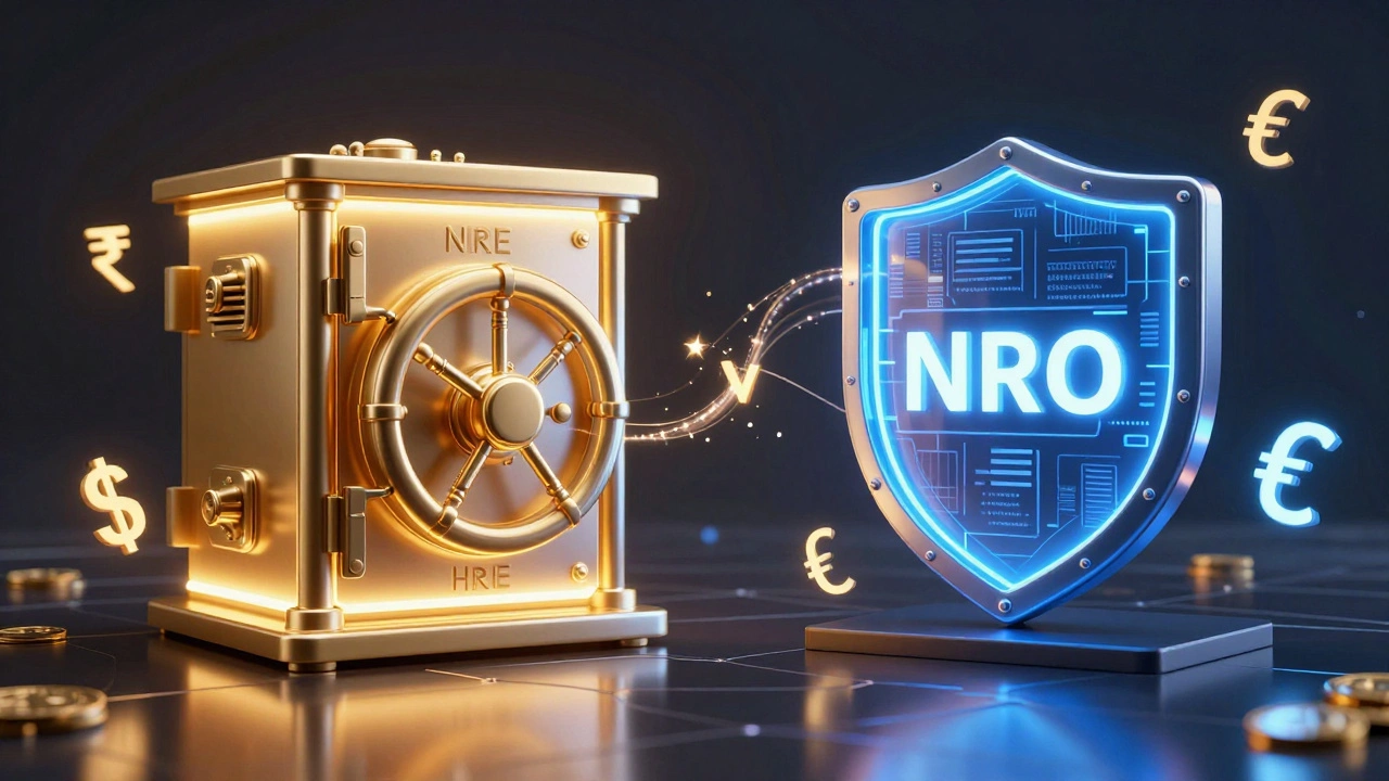 Conceptual 3D visualization of NRE and NRO bank accounts with currency symbols.