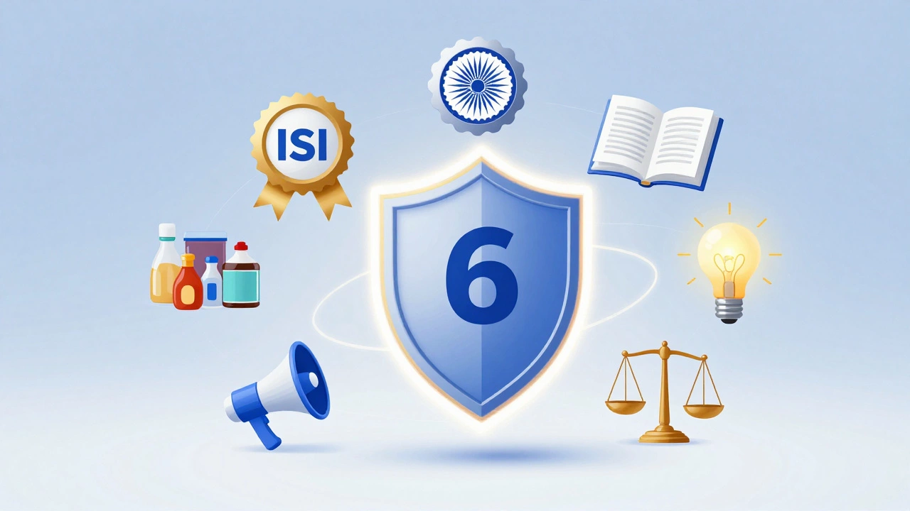 Conceptual illustration of the six fundamental consumer rights including safety, information, and justice.