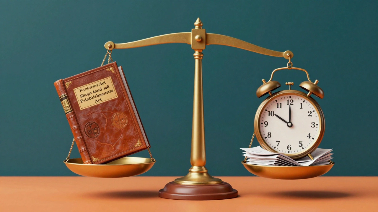 Conceptual image of a balance scale weighing a law book against a ticking clock and paperwork.