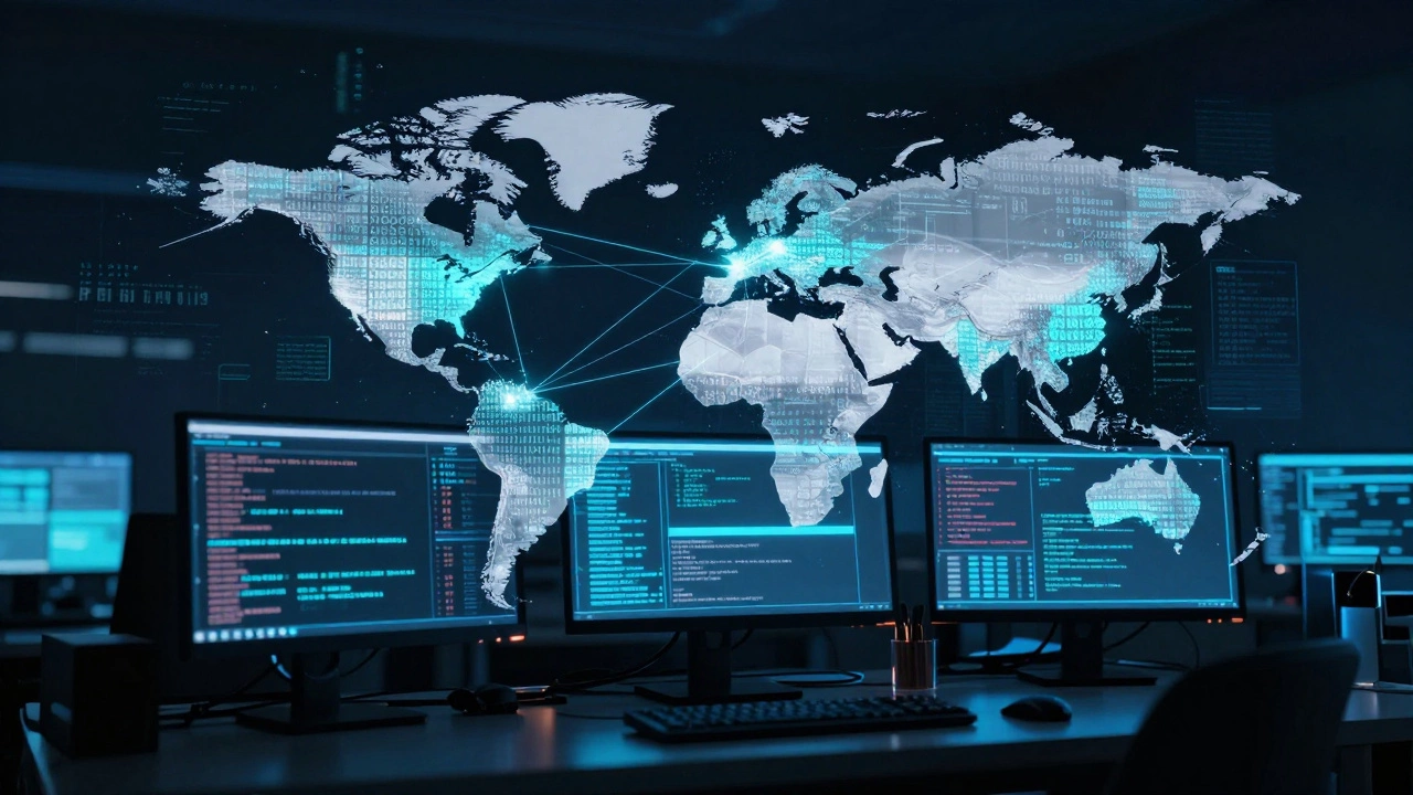 Digital forensics screens showing global data maps and network connections