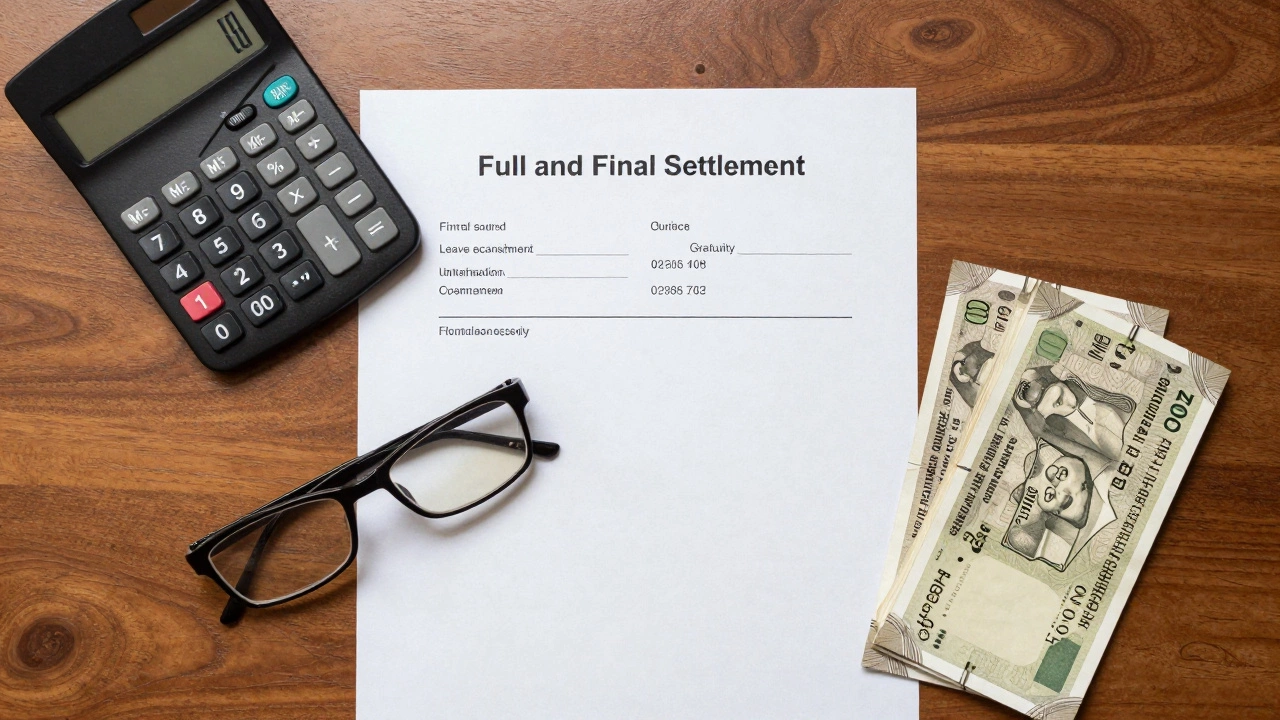 Flat lay of a final settlement document with a calculator and Indian currency