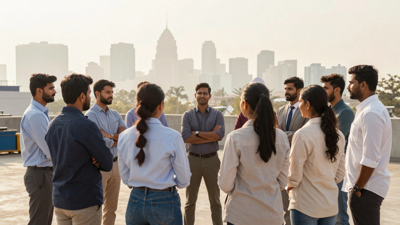 Group of Indian factory and office workers standing together in a supportive, empowered circle.