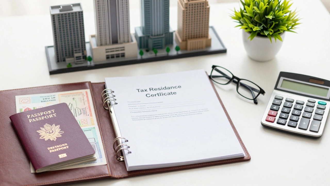 Passport stamps and tax residency documents on a desk symbolizing legal compliance.