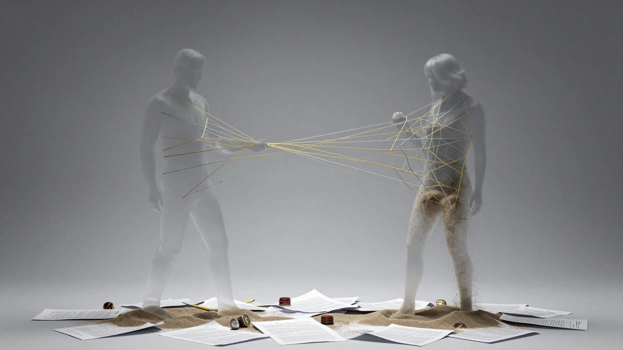 Two silhouettes separated by tangled threads over a pile of legal documents.