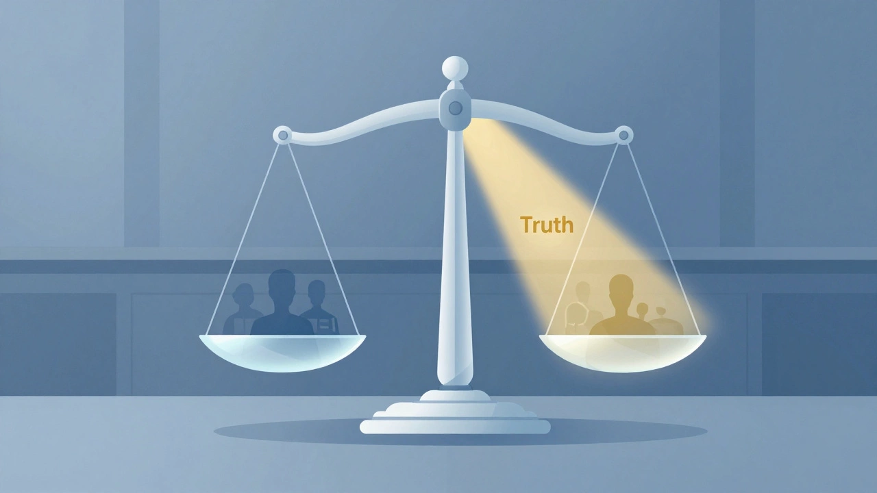 Abstract illustration of a glass balance scale filtering out bias symbols in a modern courtroom.