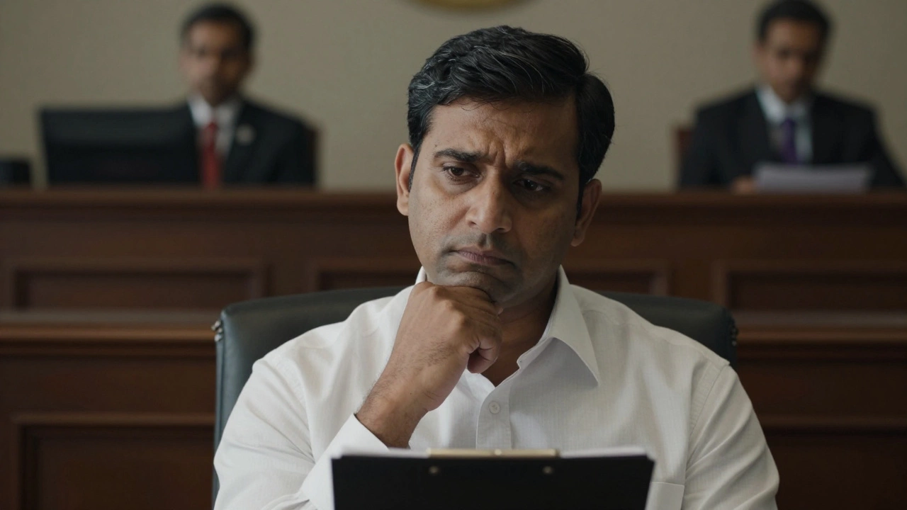 Close-up of a thoughtful prospective juror listening to questions in a dimly lit courtroom.