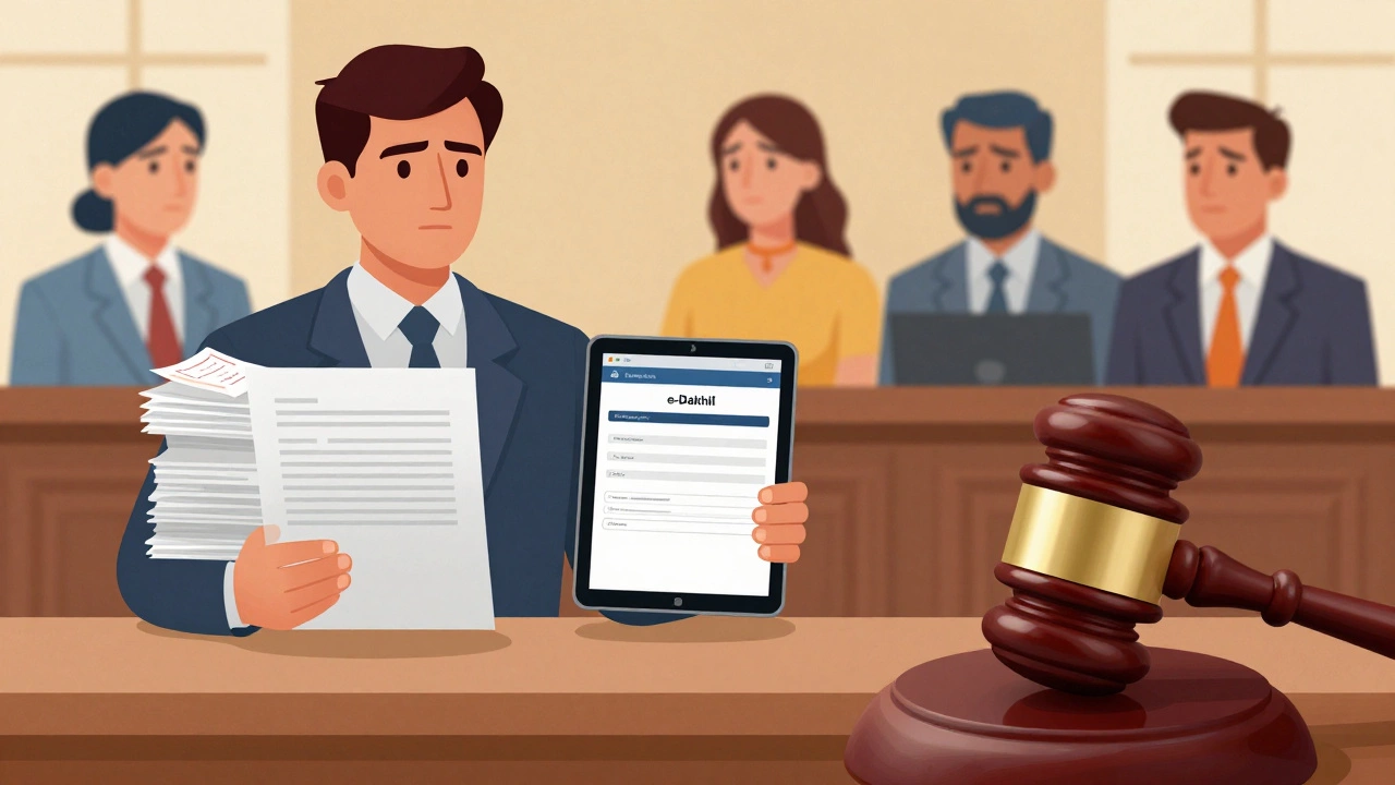 Consumer presenting evidence in a symbolic courtroom setting