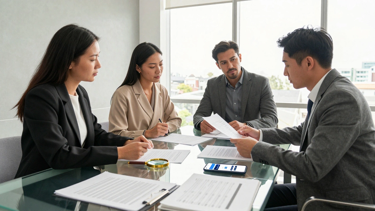 Couple consulting a lawyer and reviewing documents to protect their rights