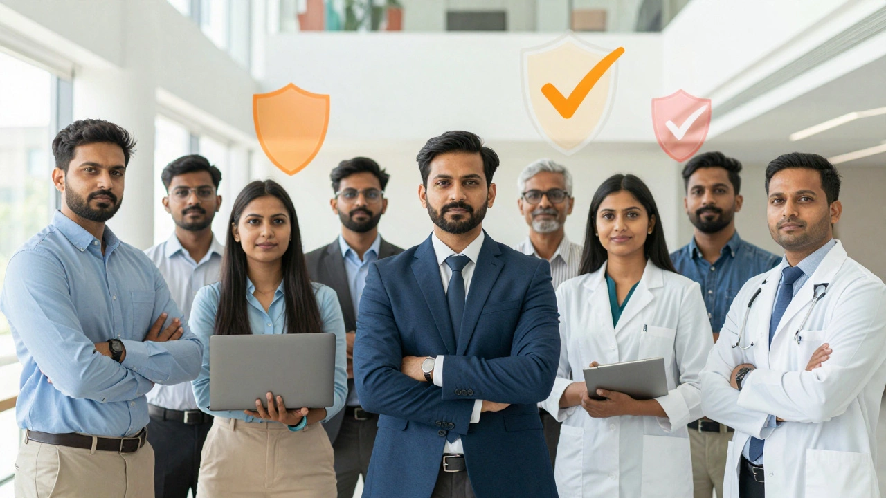 Diverse Indian employees standing confidently, symbolizing workplace rights.