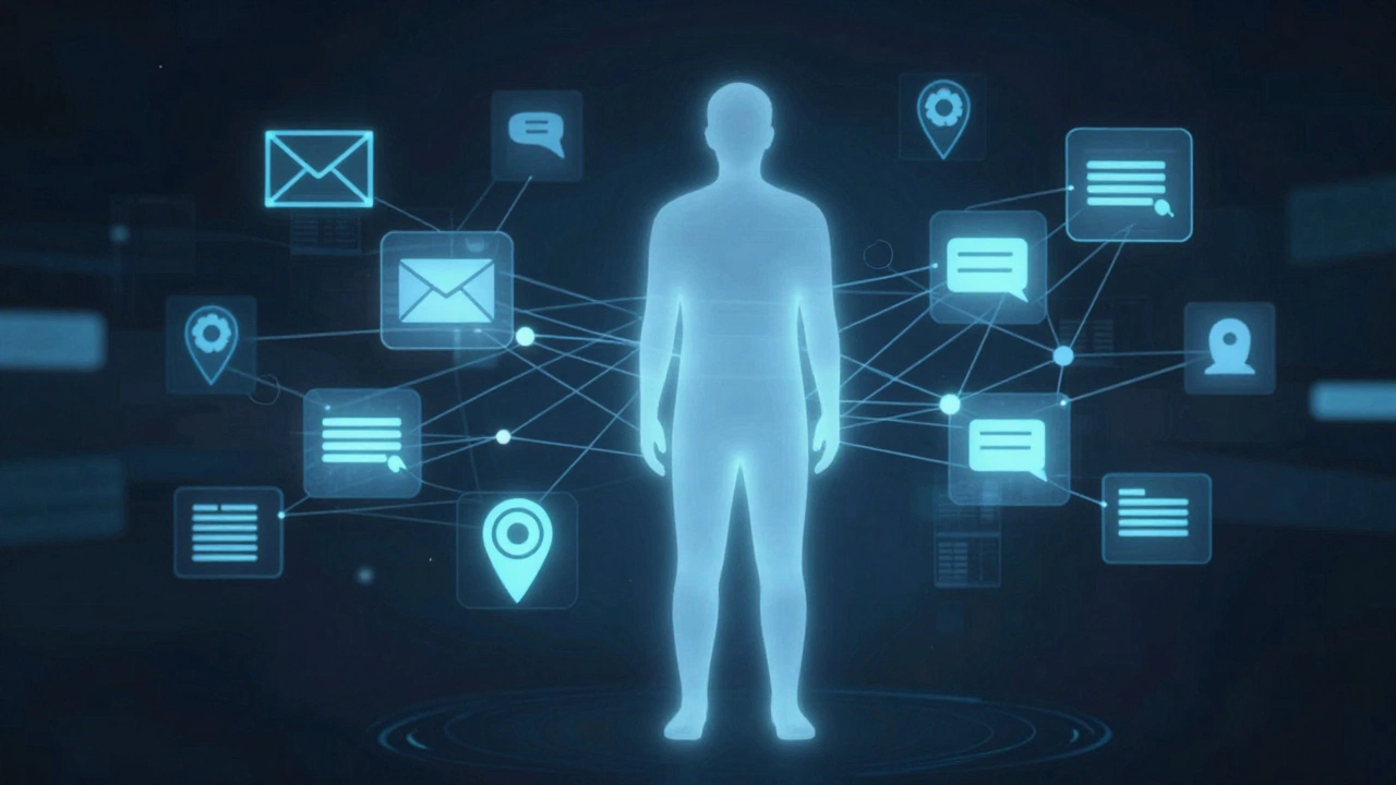 Glowing digital icons surrounding a silhouette representing data trails