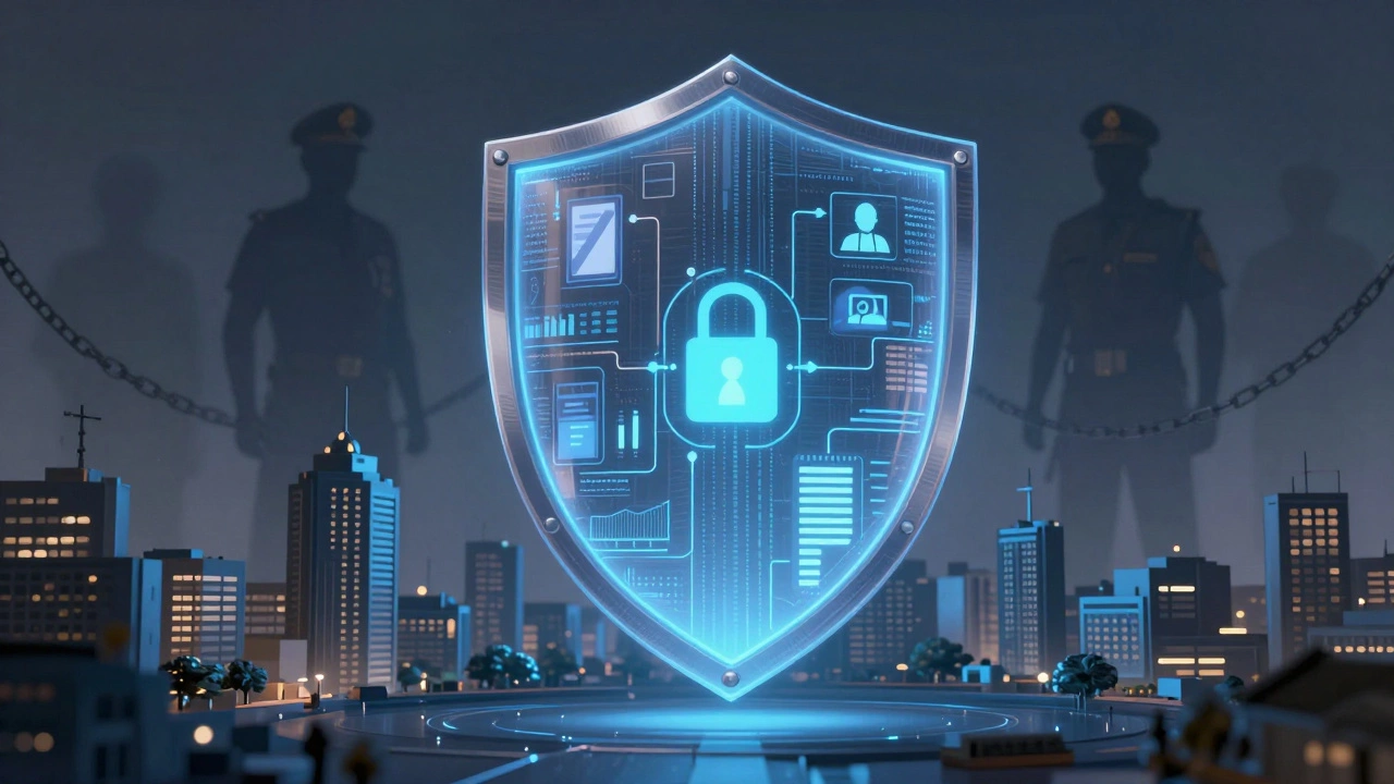 Glowing privacy shield protecting data over a modern cityscape
