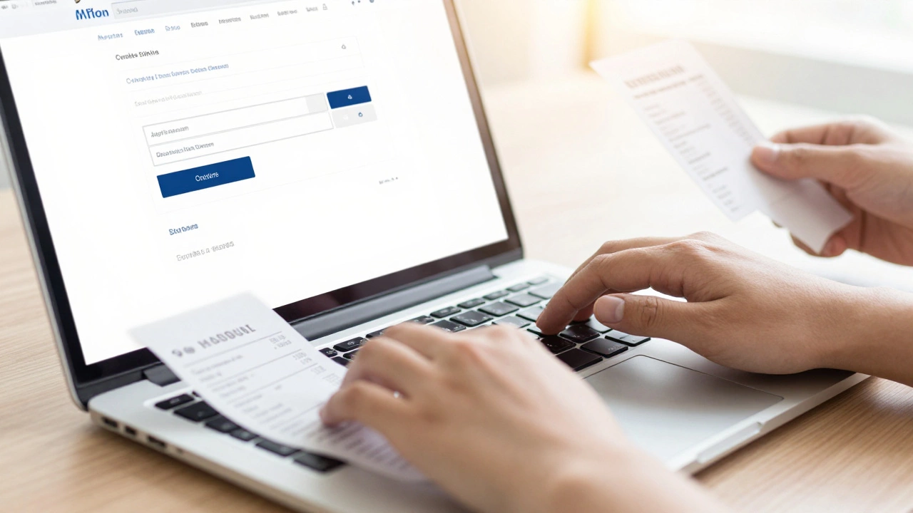 Hands filing online complaint with receipts