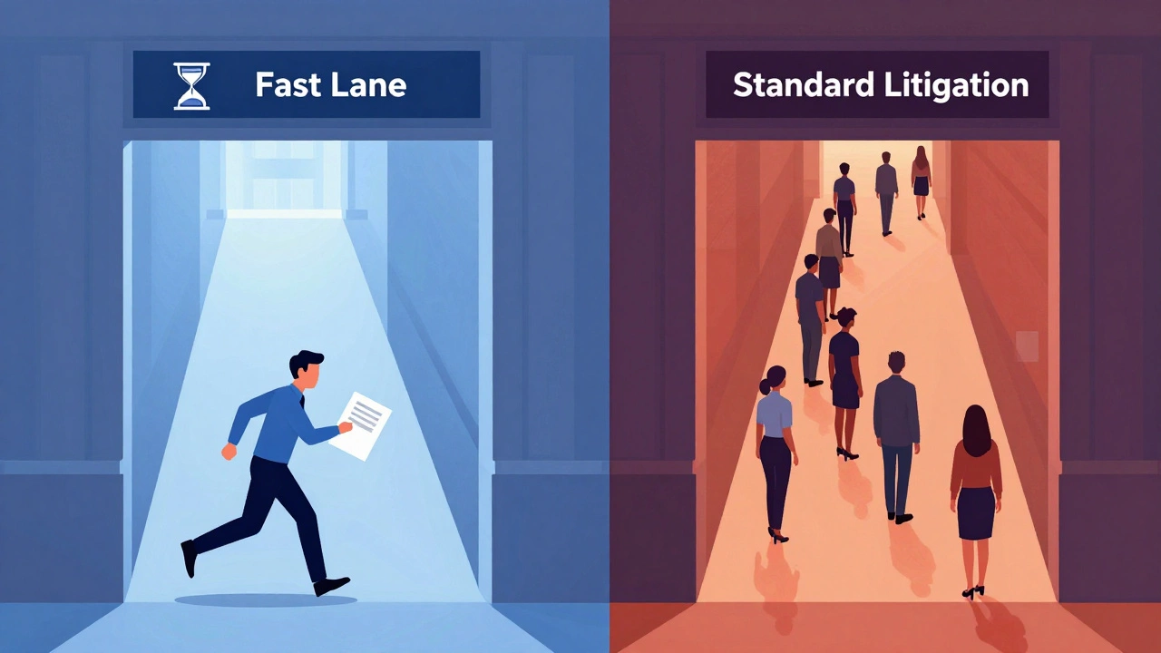 Illustration comparing fast special proceedings lane vs slow standard litigation.