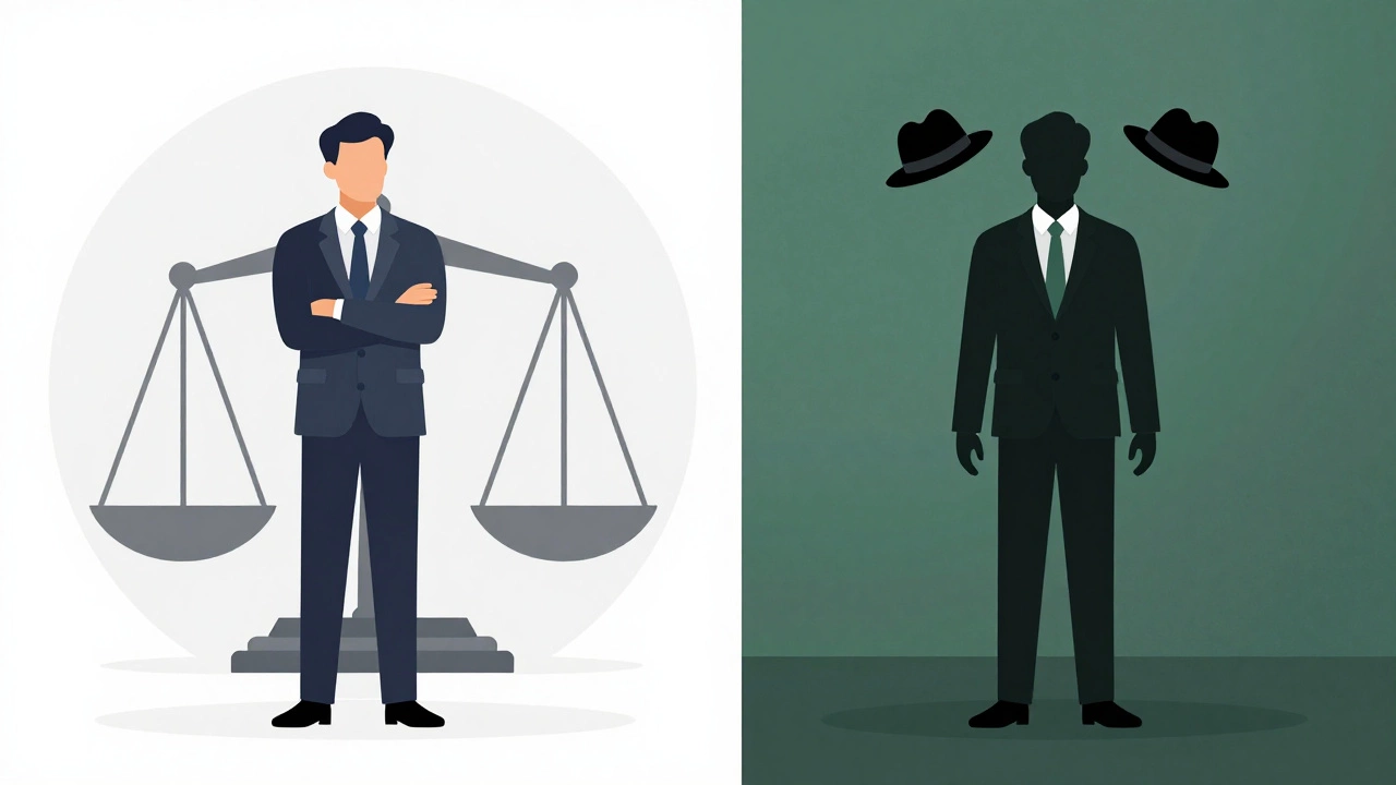 Illustration of a real estate agent in dual agency conflict with legal scales
