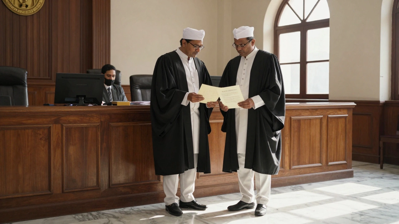 Lawyer presenting urgent affidavit to judge in an Indian court chamber.