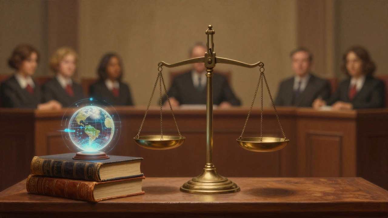 Scales of justice balancing old law books and futuristic tech