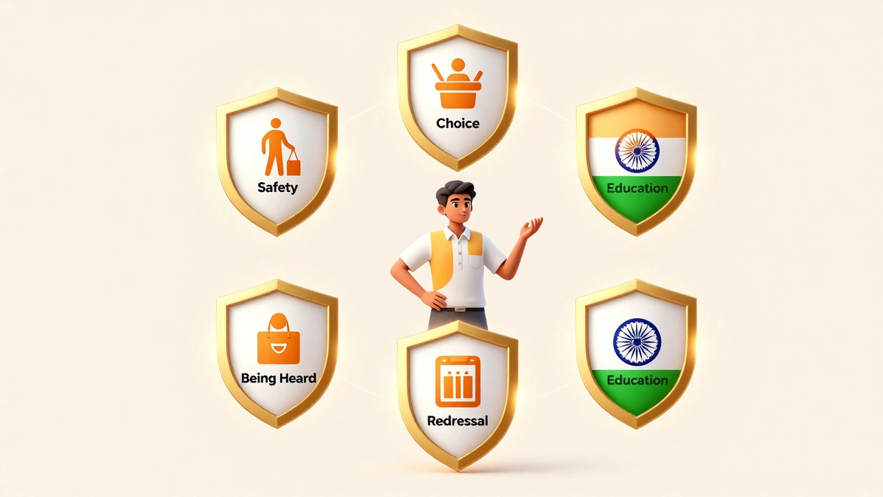 Six golden shields representing consumer rights surrounding a shopper
