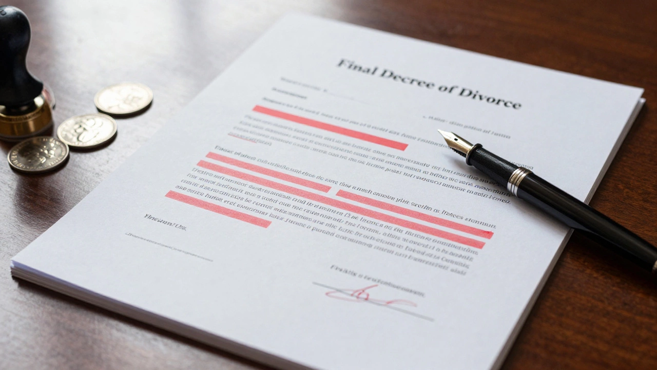 Close up of divorce decree documents with redacted sections and coins on a desk.