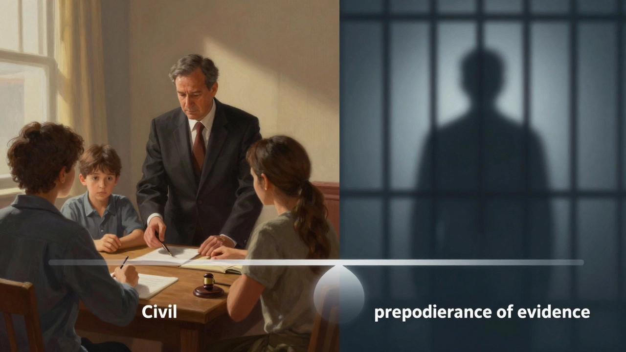 Conceptual art contrasting civil compensation with criminal punishment