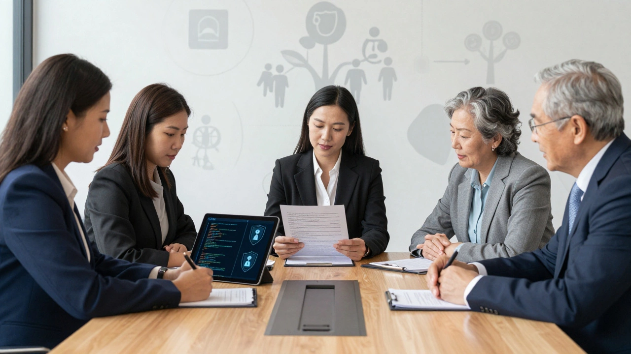 Diverse legal specialists discussing cases around a modern conference table