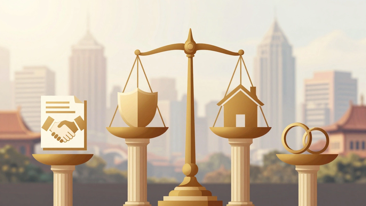 Four pillars representing contract, tort, property, and family law