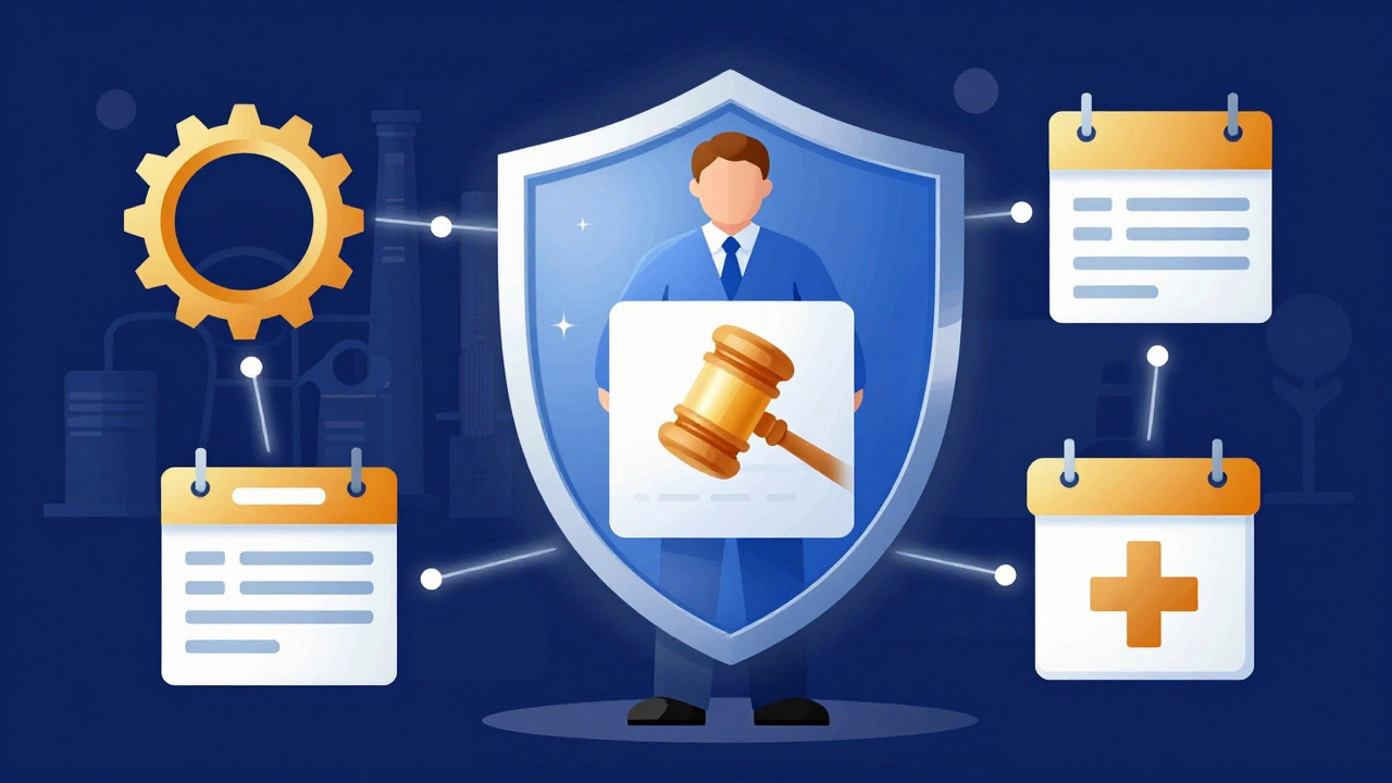 Illustration of an employee protected by a legal shield representing labor rights and weekly offs.
