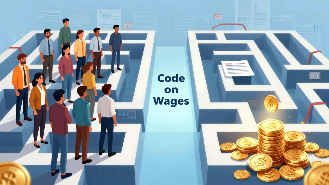 Illustration of workers navigating legal maze to get wages