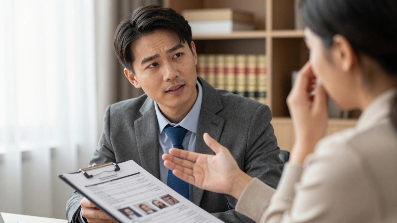 Lawyer comforting a client with medical records