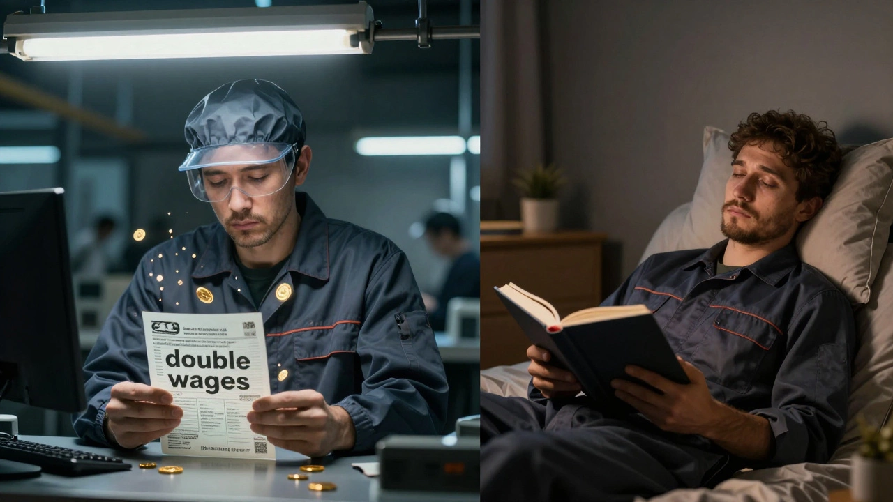 Split image showing a worker earning overtime pay versus taking a compensatory rest day.