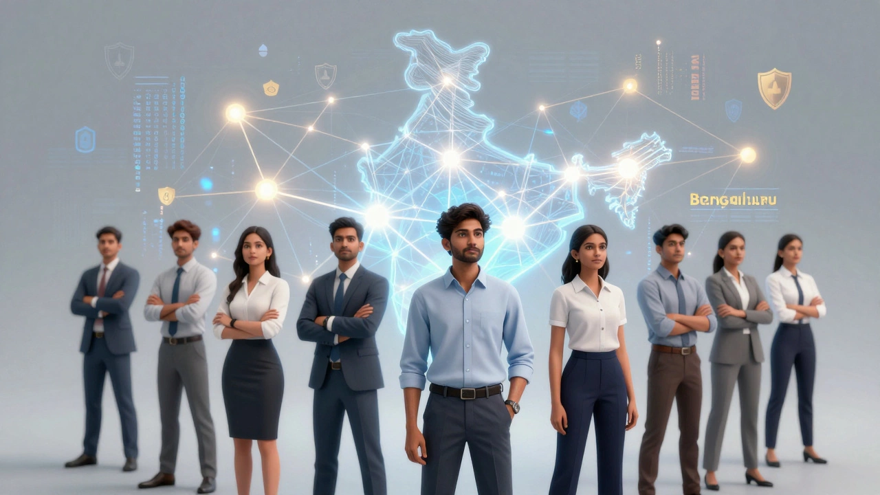 Young lawyers standing before a glowing digital map of India