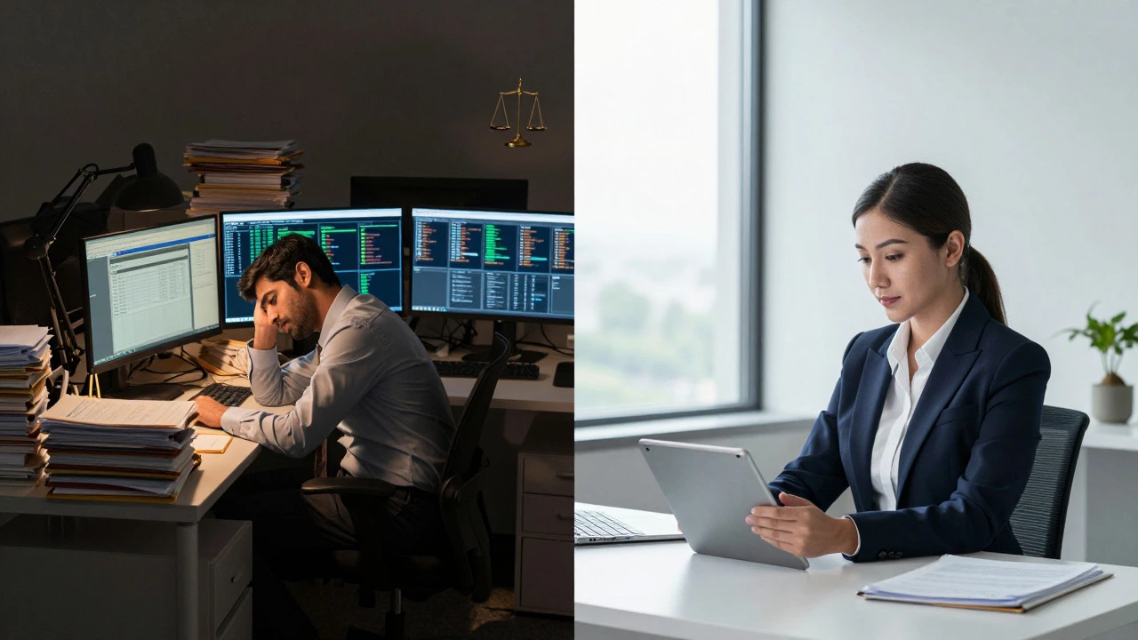 Contrast between late-night law firm work and calm in-house counsel role.