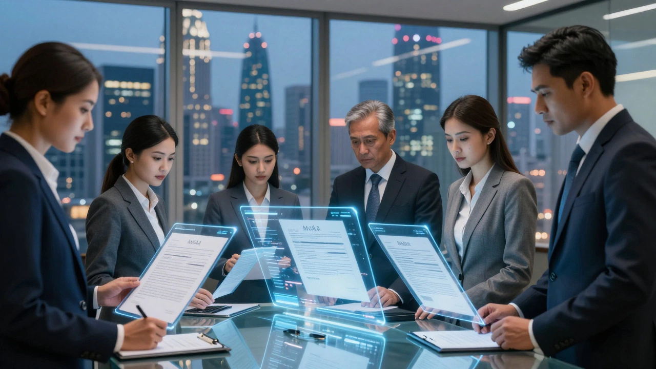 Corporate lawyers reviewing contracts in a modern Mumbai boardroom