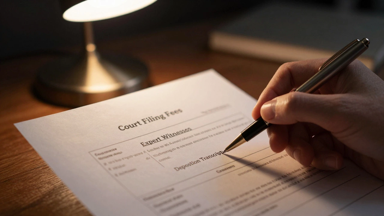 Hand reviewing legal invoice with hidden costs under desk lamp