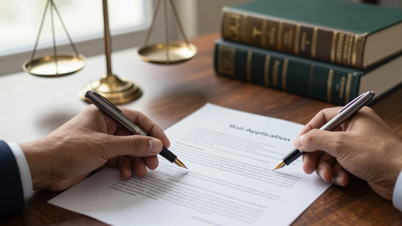 Hand signing a bail application document on a lawyer's desk
