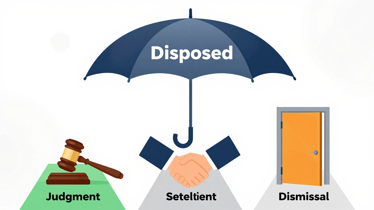 Illustration showing disposed cases split into judgment, settlement, and dismissal.
