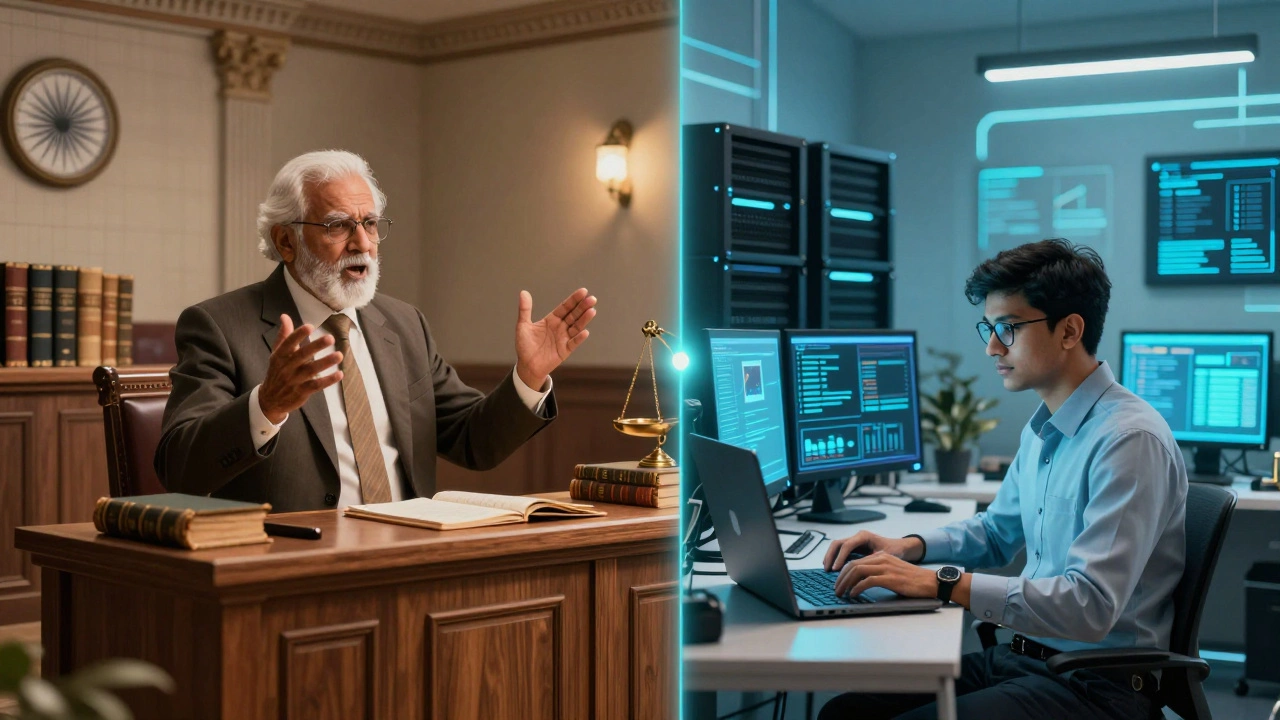 Split image showing traditional courtroom vs modern tech legal work