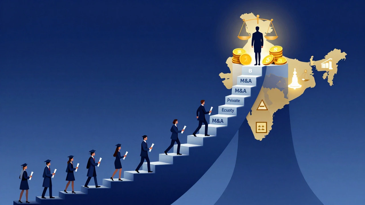 Stylized career ladder for corporate lawyers rising to partnership in India.