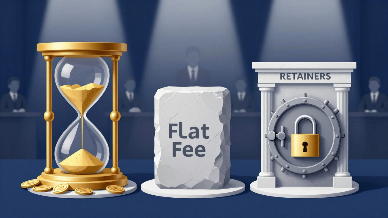 Abstract visualization of hourly, flat fee, and retainer billing models using symbolic objects.