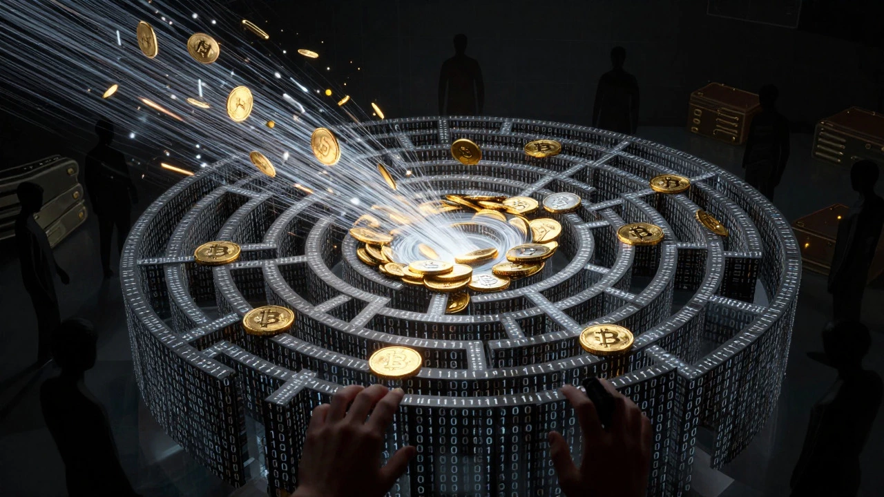 Abstract web of crypto coins turning into code and shadows