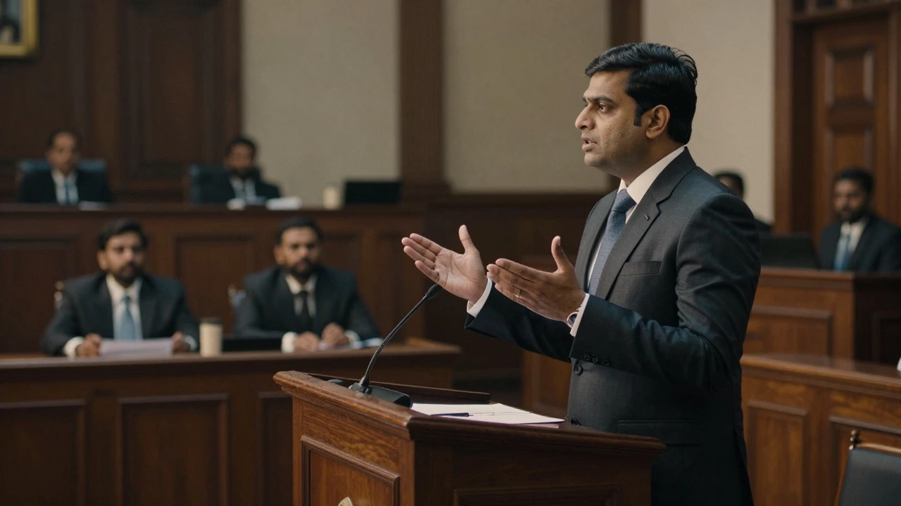 Barrister presenting arguments to a judge in a formal courtroom setting
