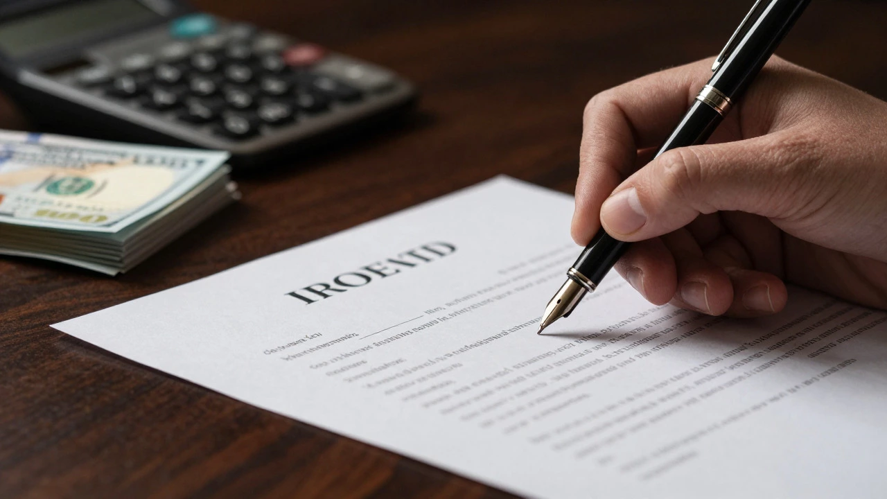 Close-up of a hand signing a legal document with money in the background