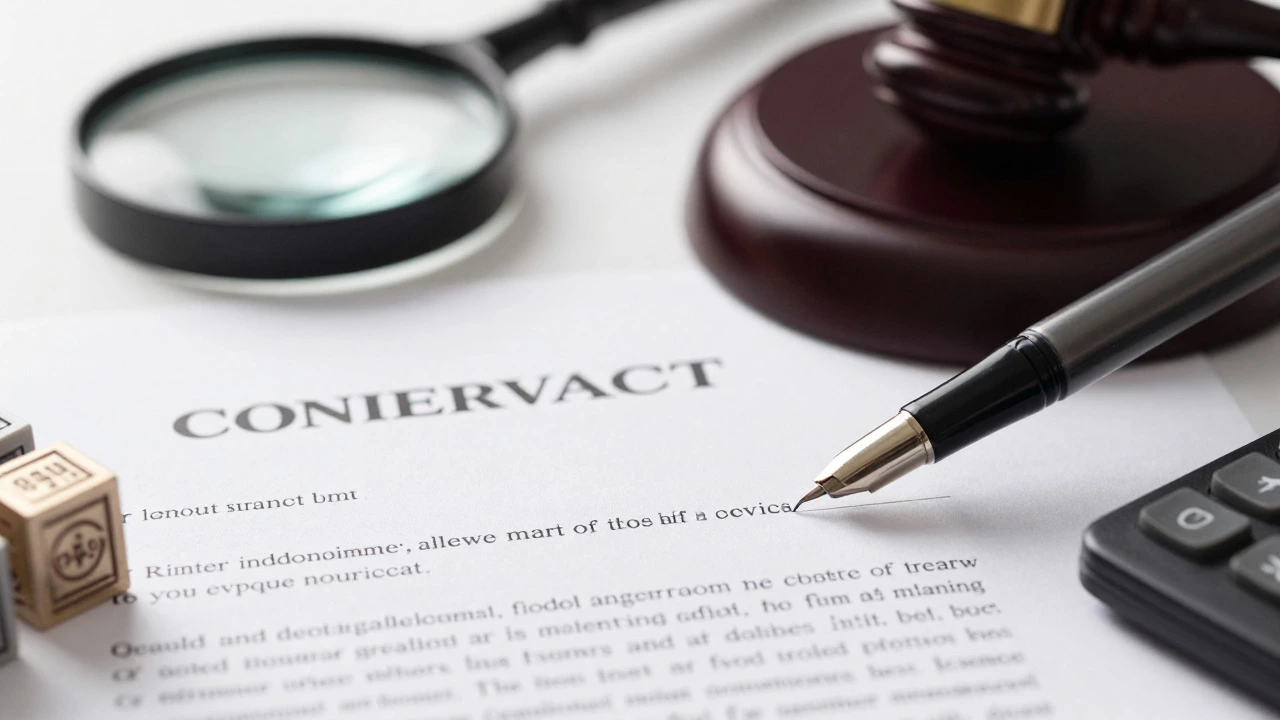 Close-up of a signature on a legal contract with symbols of hidden legal costs nearby.
