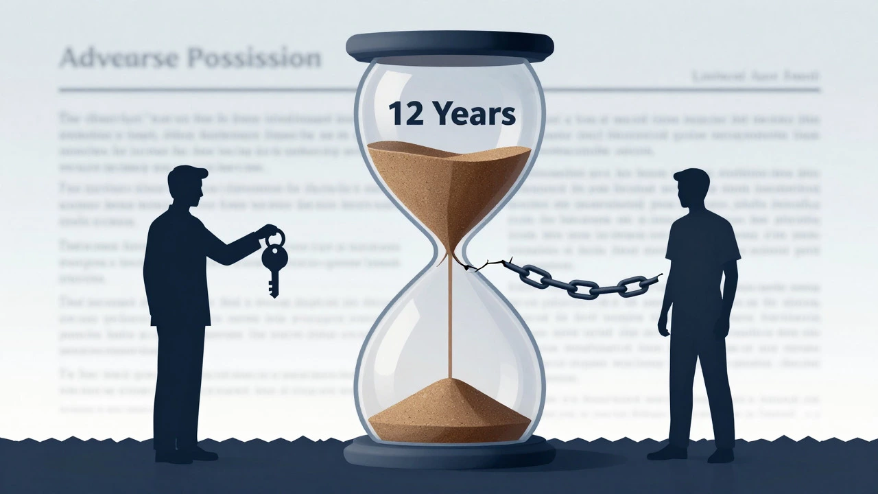 Conceptual art showing 12-year hourglass between landlord and tenant for adverse possession