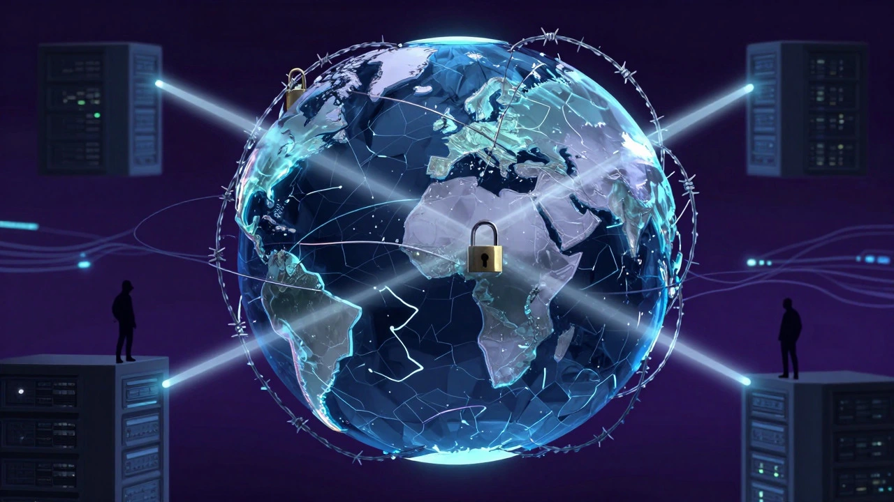 Fragmented globe showing tangled legal barriers across international borders