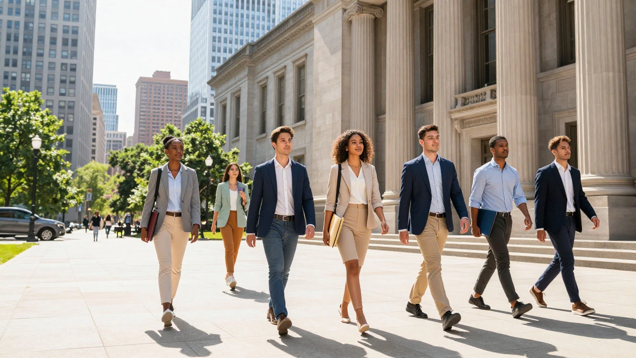Graduates exiting a law school building into a sunny city street