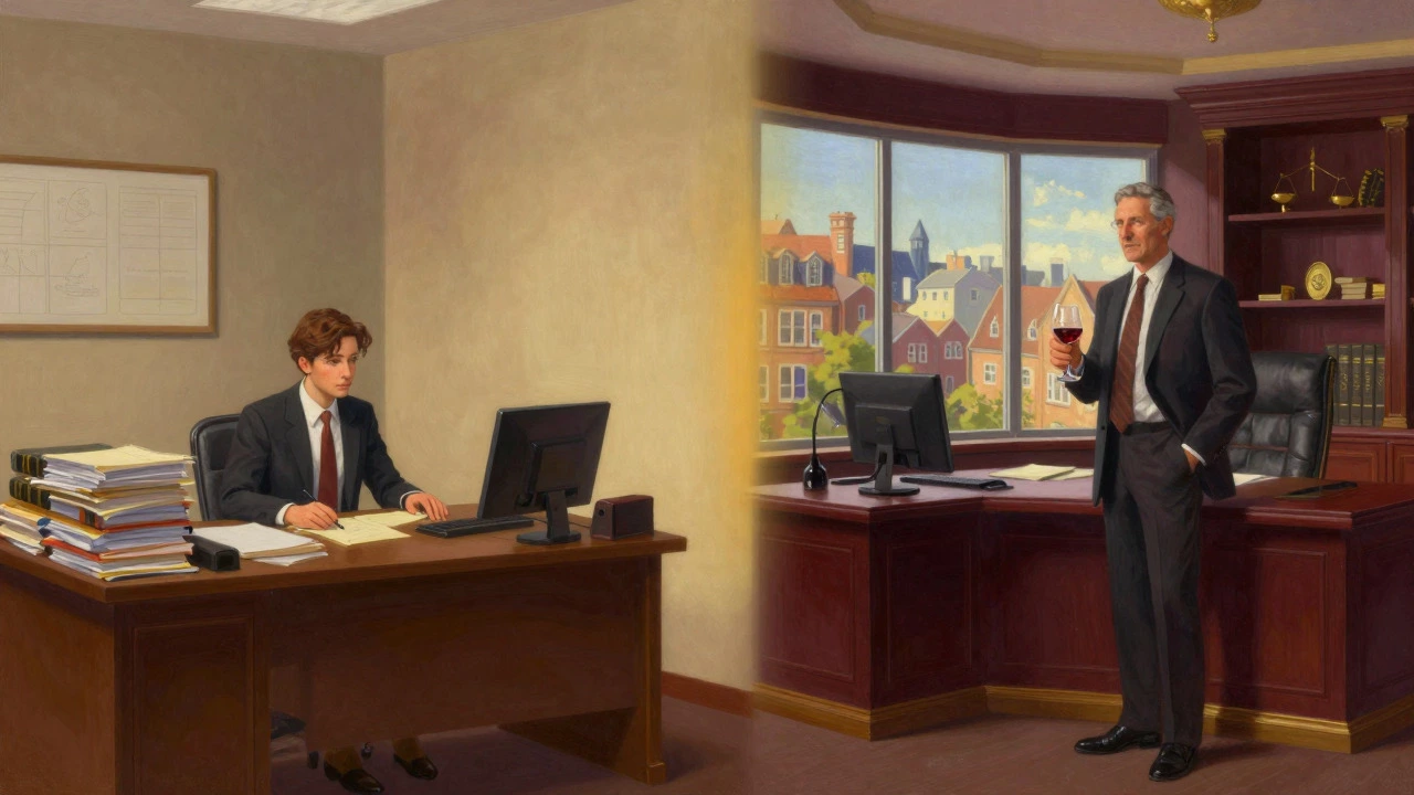 Illustration contrasting a junior associate's desk with a senior partner's luxury office