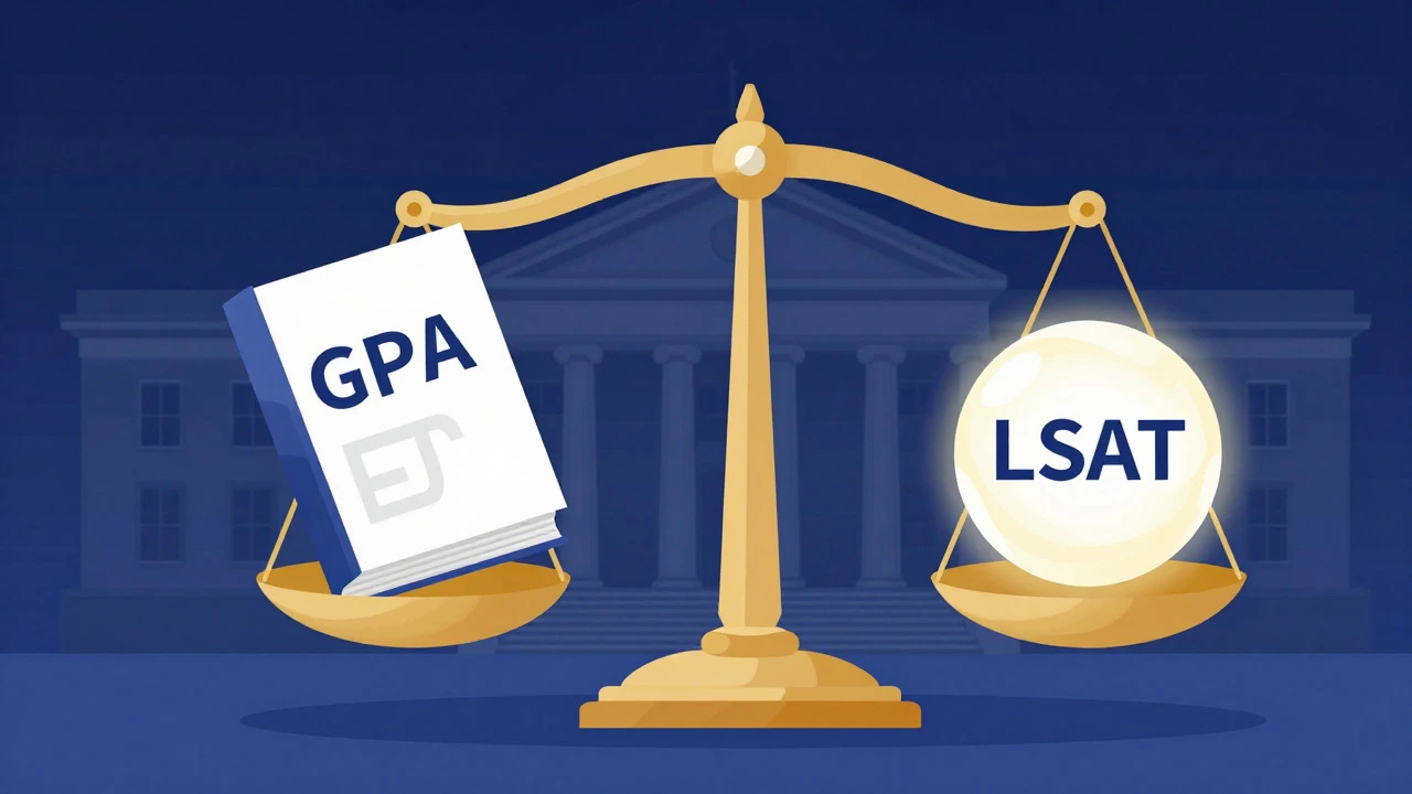 Illustration of a scale balancing GPA books against LSAT score orbs