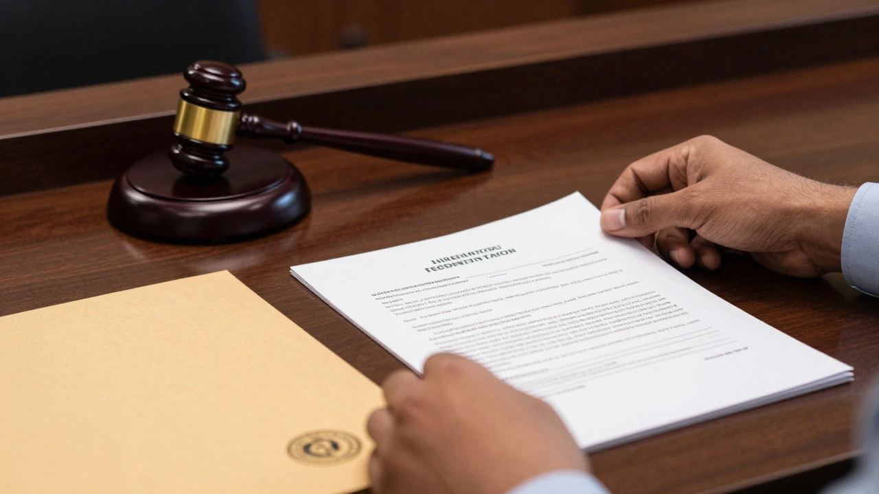Lawyer's desk with property tax receipts and legal notices for adverse possession case
